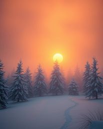 A photograph depicts a grand, epic scene of sunset light sparkling on snowy pine trees within a modern future setting. The la