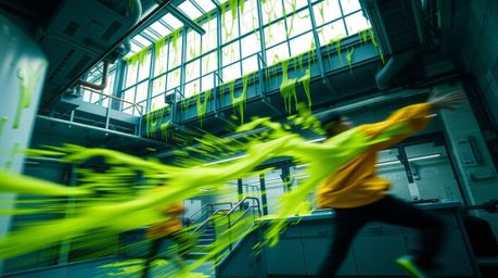 A dynamic and motion-filled architectural photograph showcases a slime-covered science lab.  Sharp lines and detailed structu