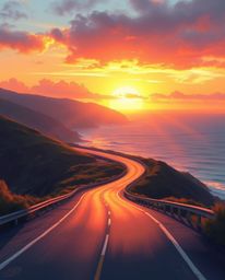 This digital painting depicts a winding coastal highway at sunset, bathed in soft, gentle light that creates subtle illuminat