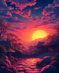 Creative light art depicting a sunset over a serene Zen garden in an Isekai anime style with an expressive composition radian