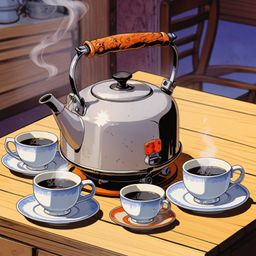 Capture the essence of a tranquil tea time with this image featuring a silver tea kettle gracefully perched on a wooden table