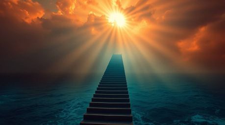 A dramatic staircase rises from the ocean towards a stormy sky illuminated by a divine sunburst, showcasing a striking contra
