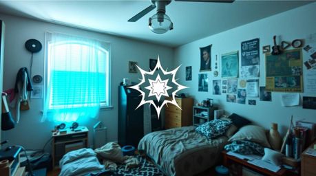 Discover an ethereal and mystical bedroom aesthetic featuring a geometric logo design.  The scene is characterized by a balan