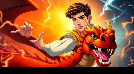 A captivating image depicting a charming prince with refined features, light skin, battling a dragon in a vibrant 1950s anima