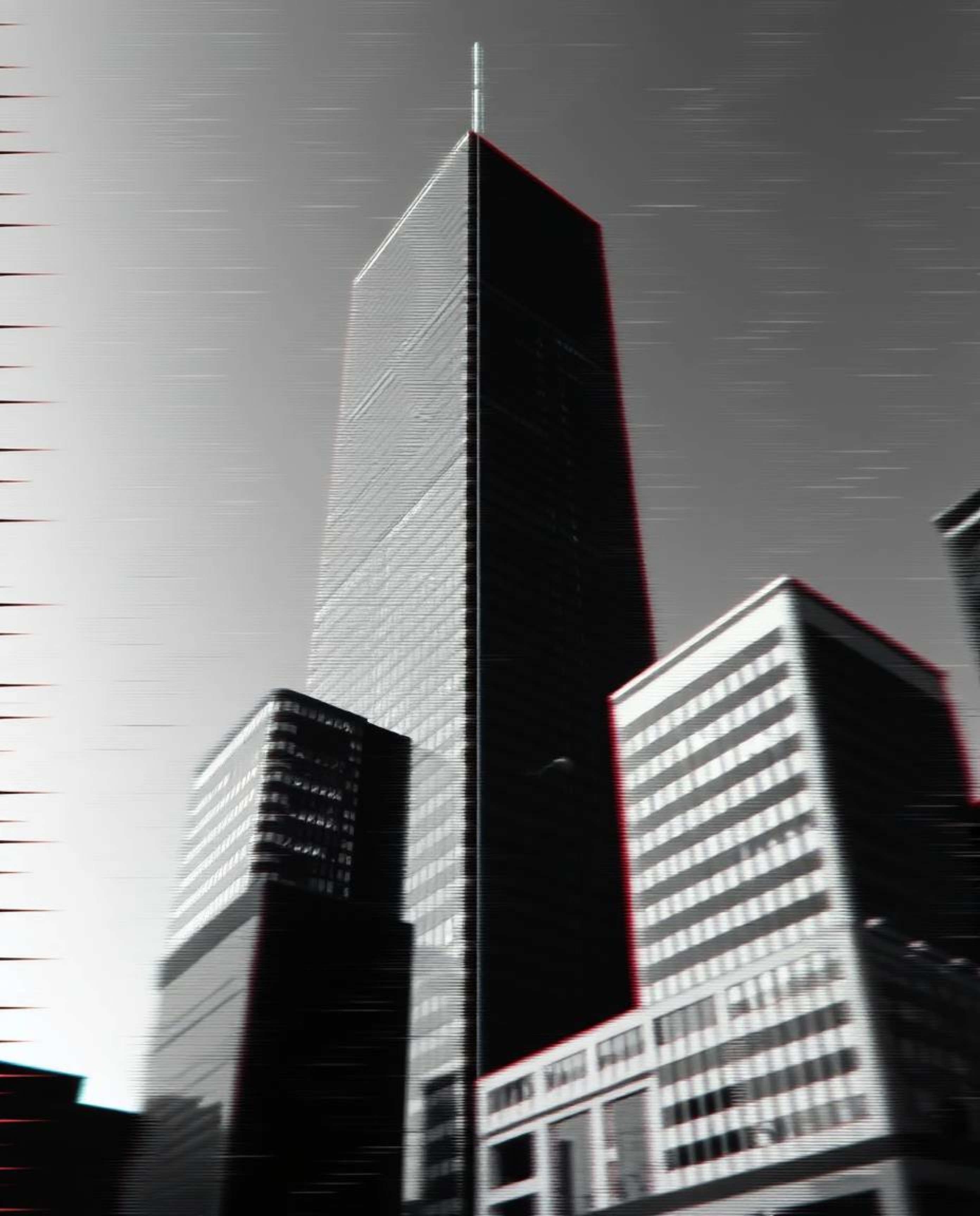 This high-resolution stock photo features a compelling black and white scene with a glitchy effect, showcasing distorted skys