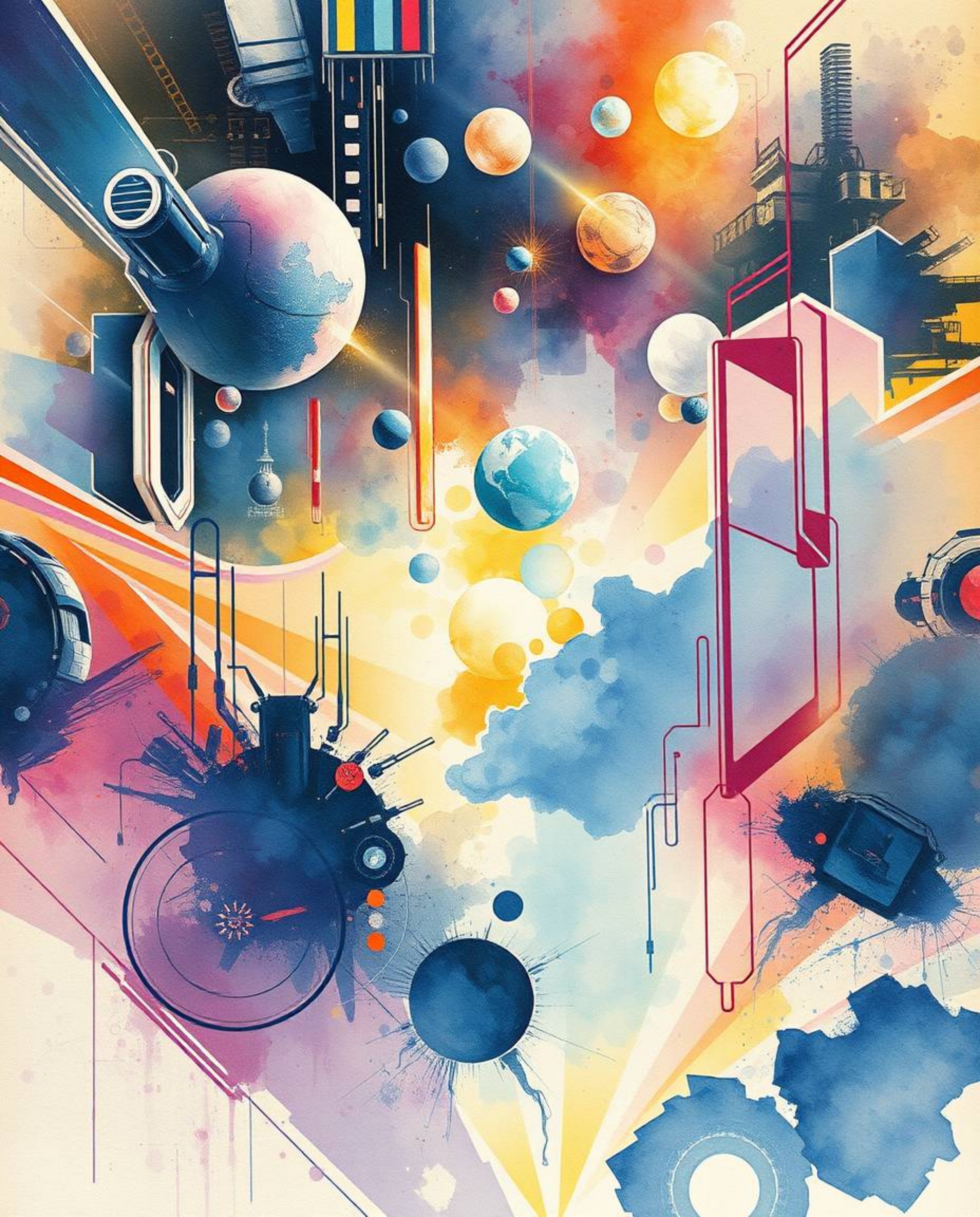 A captivating futuristic sci-fi watercolor painting explodes with vivid tones and chaotic harmony.  Featuring artistic lighti