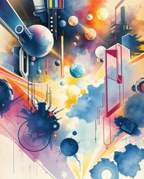 A captivating futuristic sci-fi watercolor painting explodes with vivid tones and chaotic harmony.  Featuring artistic lighti