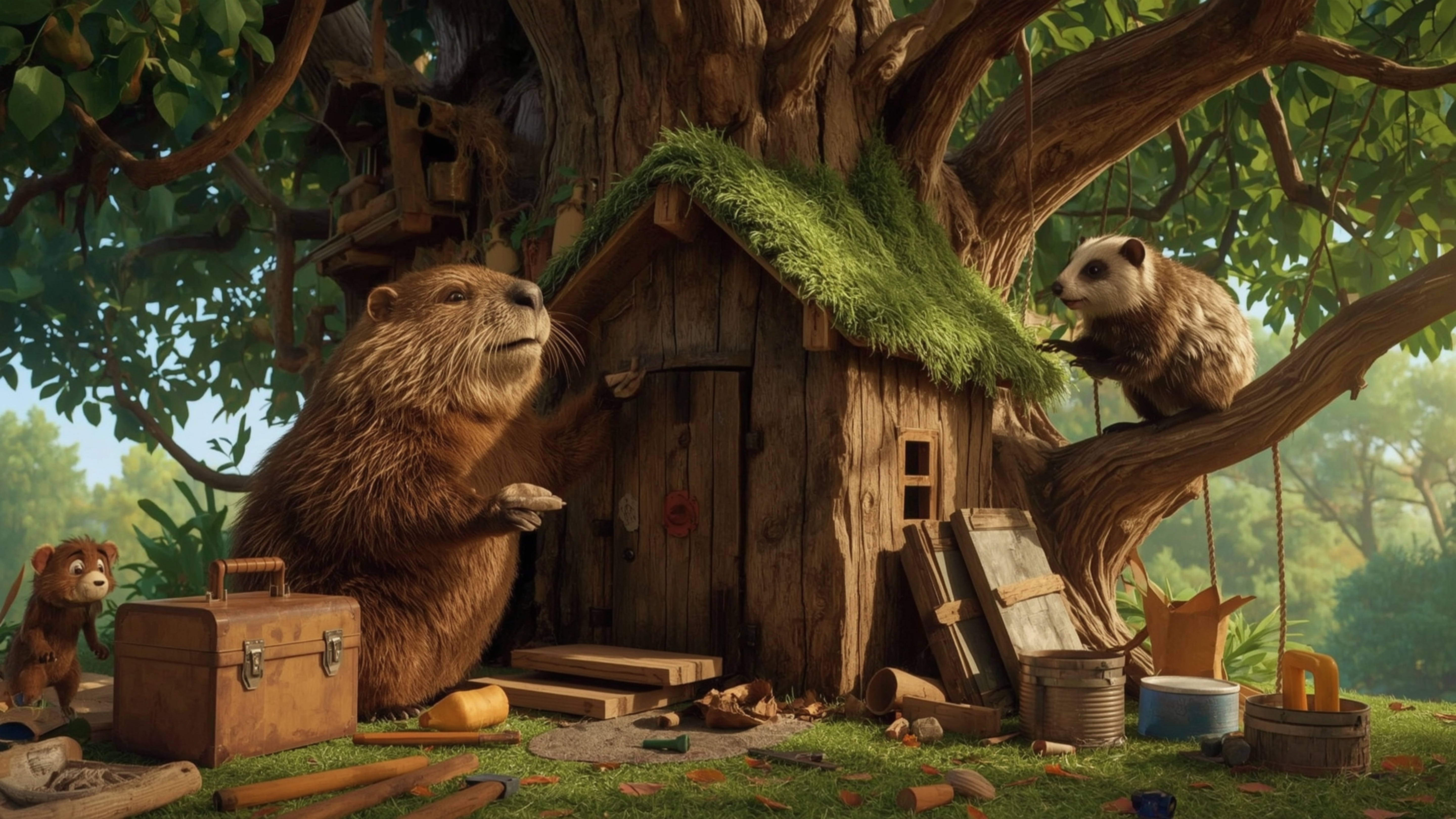 A highly detailed, high-resolution stock photo captures a diligent beaver, with a worn wooden toolbox nearby, building an int