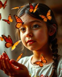 A stunning photograph captures a girl with warm-toned skin as she gently releases butterflies into a softly lit environment b