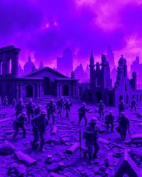 Explore a surreal battlefield bathed in deep ultraviolet hues, where time-warped soldiers clash amidst crumbling buildings. T