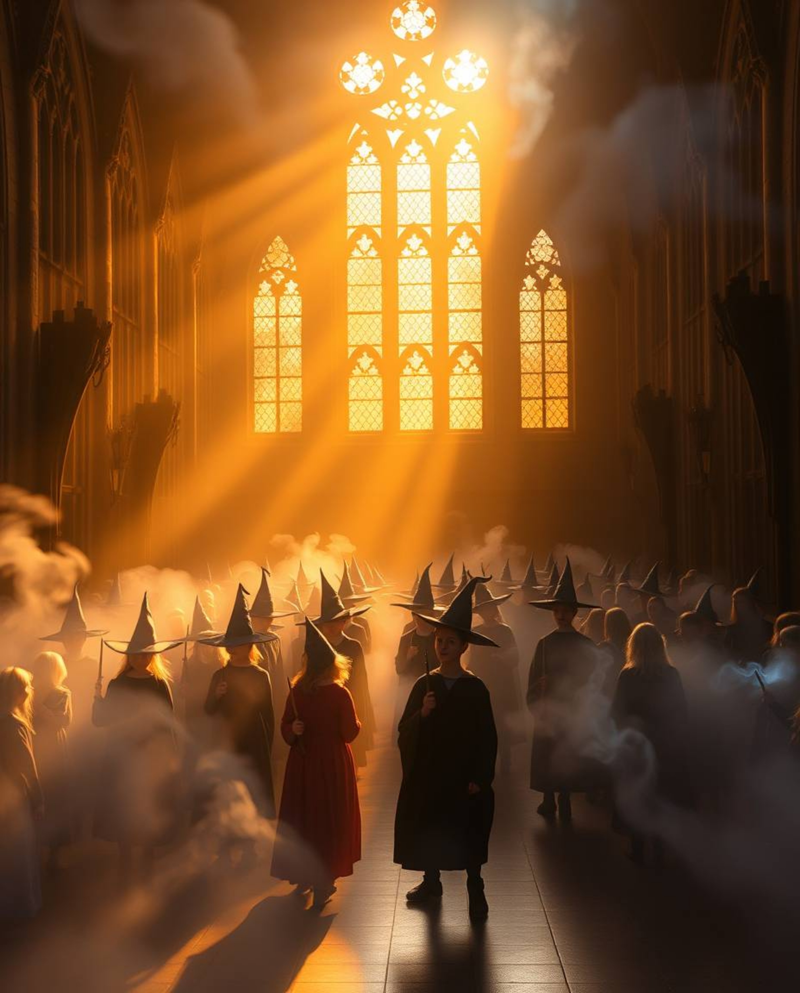 Discover a captivating image of a magical school brimming with young wizards. Bathed in the warm, ethereal glow of golden hou