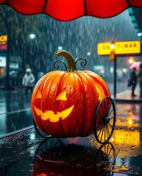 Experience the enchantment of a vibrant, magical pumpkin transforming into a stunning carriage amidst a wet and rainy backdro