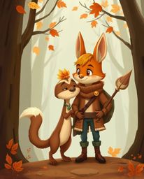 A charming, talking animal sidekick, boasting adorable features and earthy autumn colors, aids a hero on their epic quest.  T