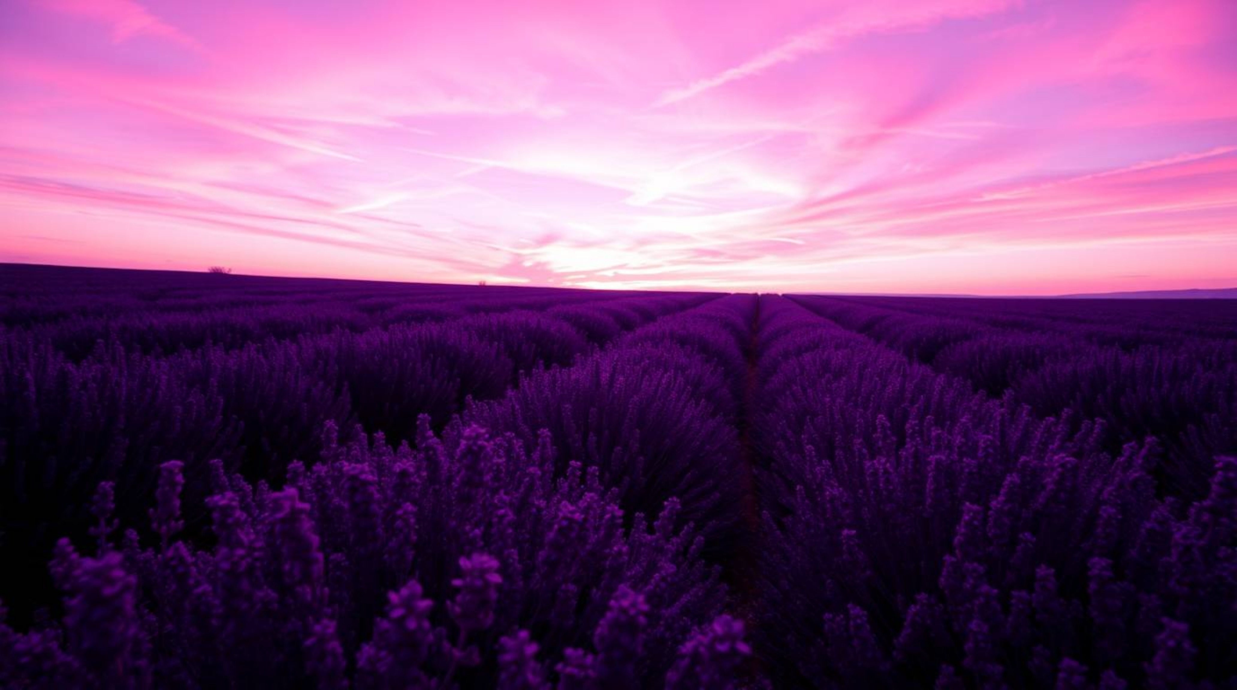 Experience the captivating beauty of deep ultraviolet and lavender fields bathed in the ethereal glow of a dreamy pink sky. T