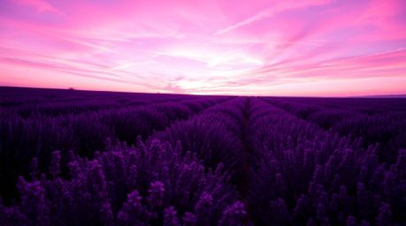 Experience the captivating beauty of deep ultraviolet and lavender fields bathed in the ethereal glow of a dreamy pink sky. T