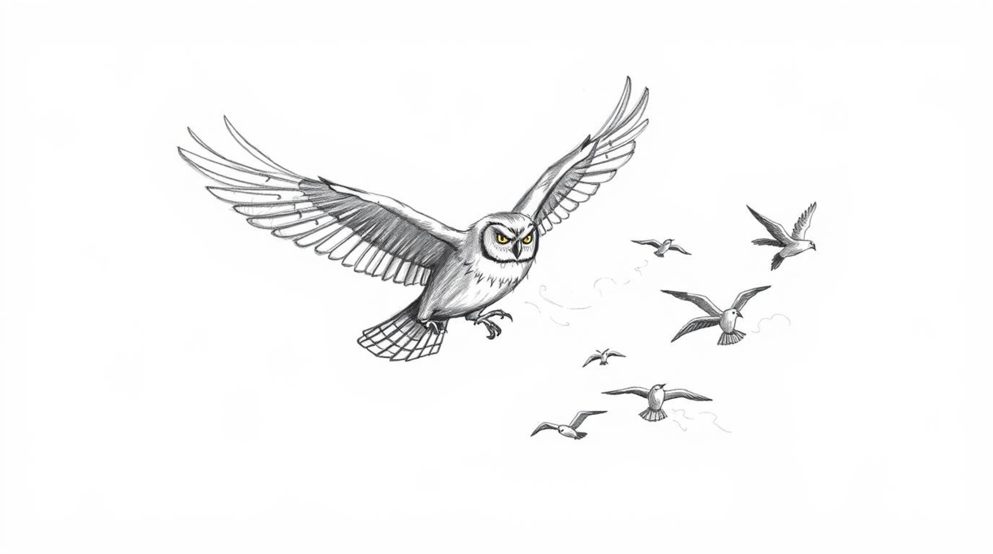 A heartwarming scene unfolds in this hand-drawn, Pixar-inspired sketch: a blind owl, with textured pencil strokes and glowing