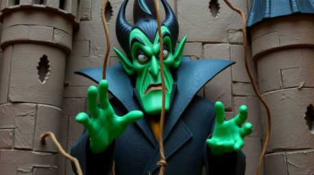 A classic Disney villain, with striking emerald green skin, casts a spell within a dramatically sectioned, papier-mâché castl