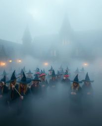 Explore a captivating high-resolution stock photo showcasing a magical school teeming with young wizards, enveloped in a thic