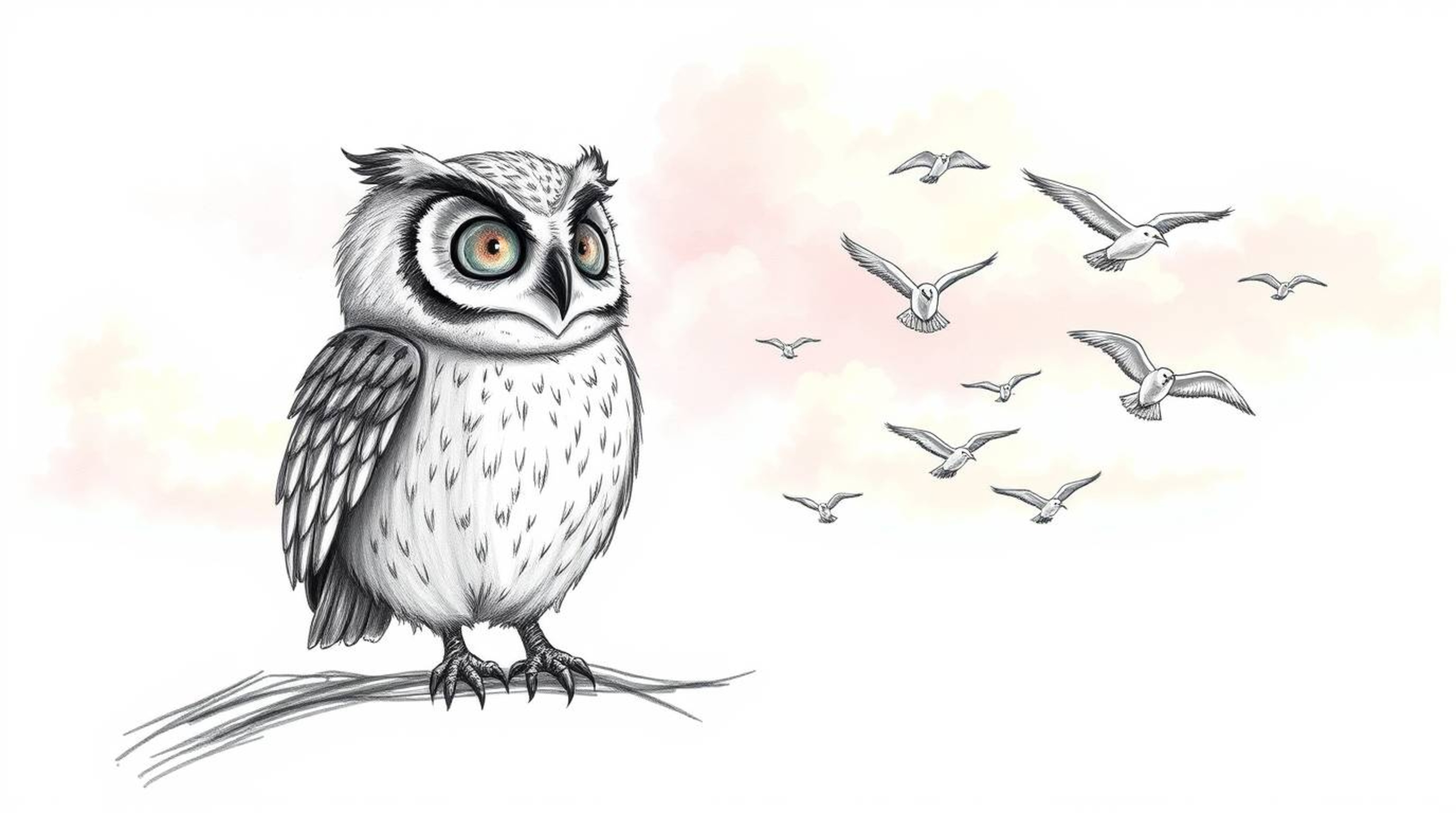 A heart-warming hand-drawn sketch in Pixar style depicts a blind owl with soft, feathery texture, selflessly teaching a flock