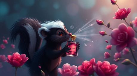 A digital painting showcasing a cartoon skunk delicately spraying perfume onto flowers, presented in a rich burgundy and deep