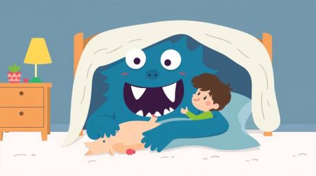 A heartwarming illustration depicts an unlikely friendship between a child and a friendly monster living under their bed.  Th