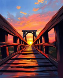 An extreme macro close-up captures the intricate details of an old wooden bridge over a river at sunset. The image is rendere