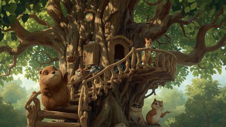 A highly detailed, high-resolution digital illustration, inspired by Pixar's whimsical style, captures a kind-eyed beaver bui