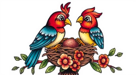 A vibrant and detailed traditional tattoo art print featuring two cartoon birds meticulously building a nest. Rendered in a