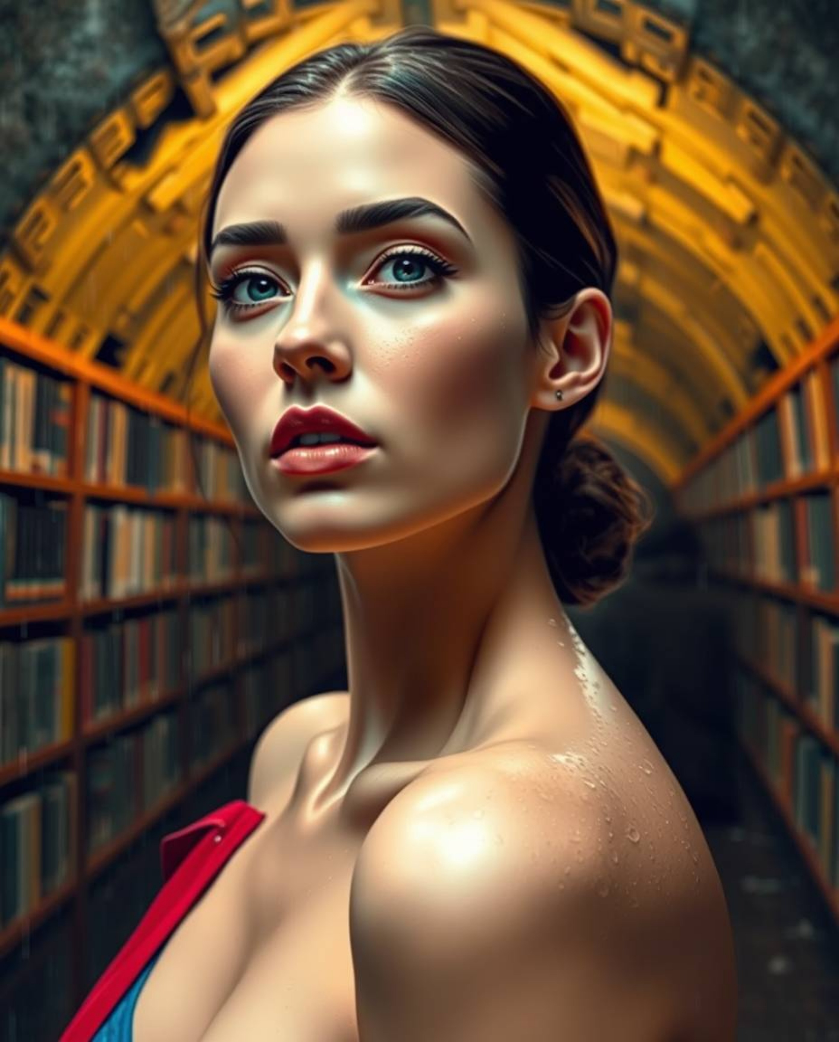 Explore a captivating world where an elegant individual with refined features stumbles upon a hidden underground library amid