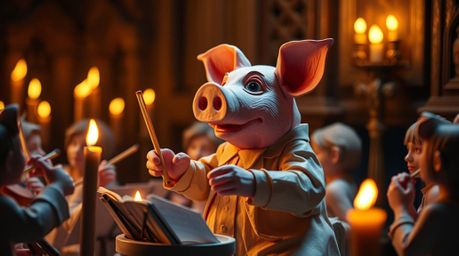A charming illustration depicts a pig character conducting a whimsical orchestra crafted from layered papier-mâché.  Illumina