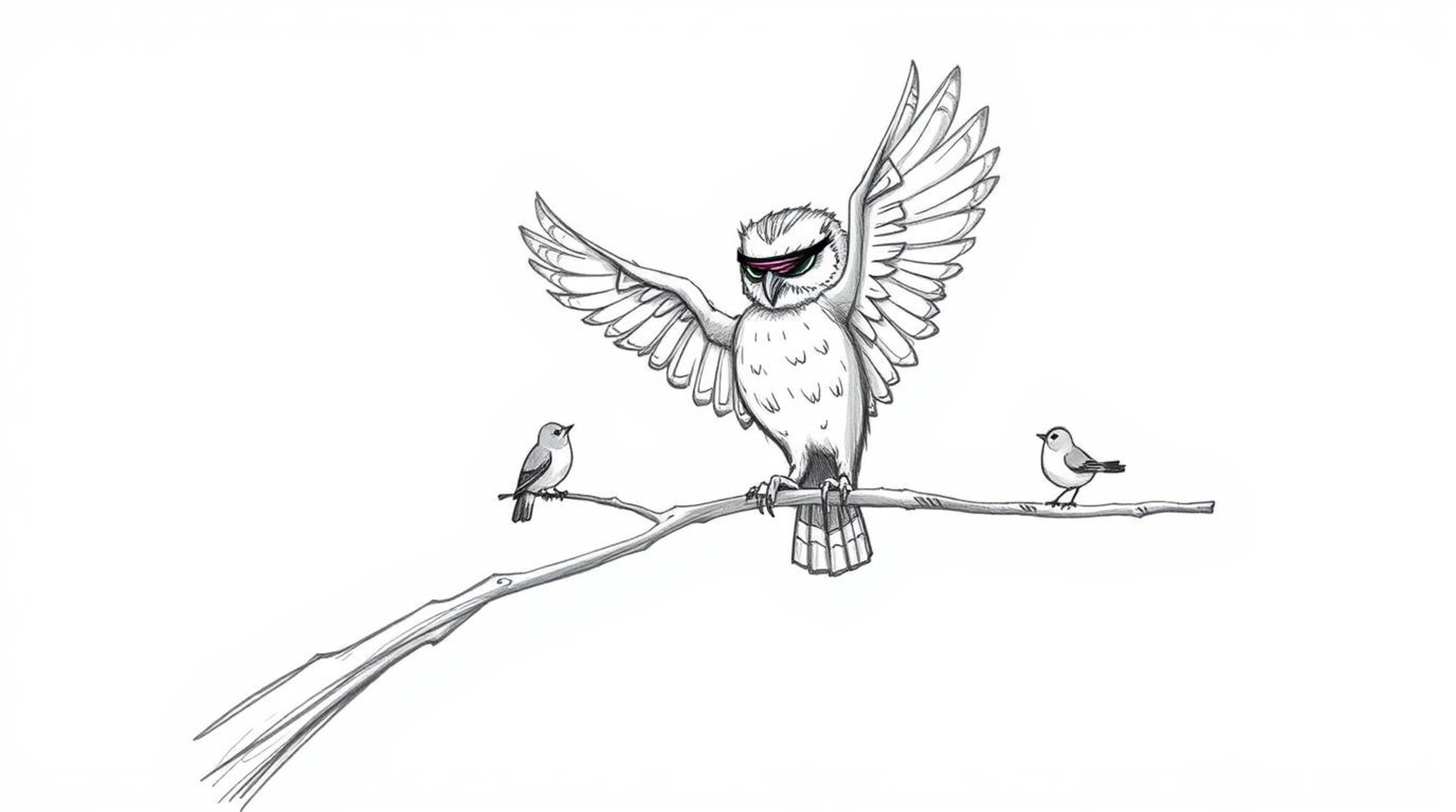 A charming, hand-drawn sketch in the style of Pixar, depicting a blind owl ingeniously teaching birds how to fly. The owl, de