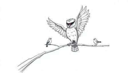 A charming, hand-drawn sketch in the style of Pixar, depicting a blind owl ingeniously teaching birds how to fly. The owl, de