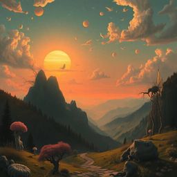 Experience a surreal and dreamlike sunset over a tranquil mountain valley, rendered with fantastical elements and bizarre yet