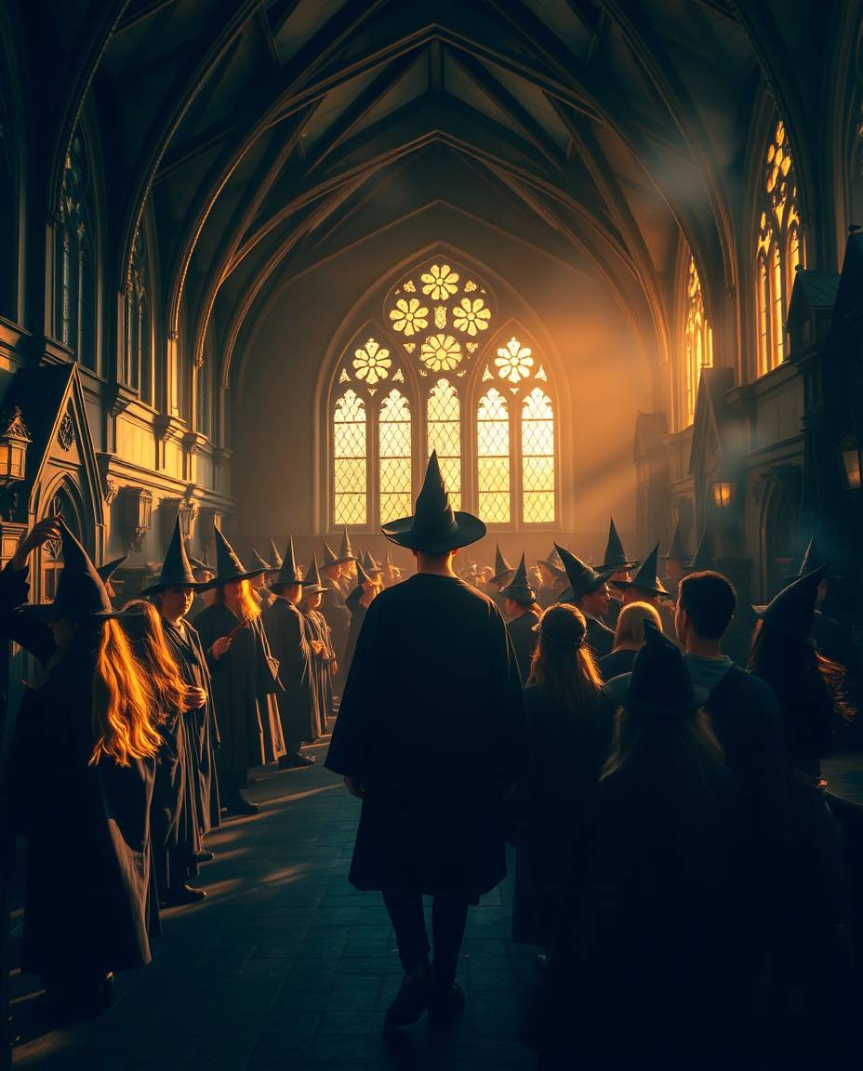 Immerse yourself in a magical school teeming with young wizards, bathed in the rich, deep teal hues and the warm, enchanting 