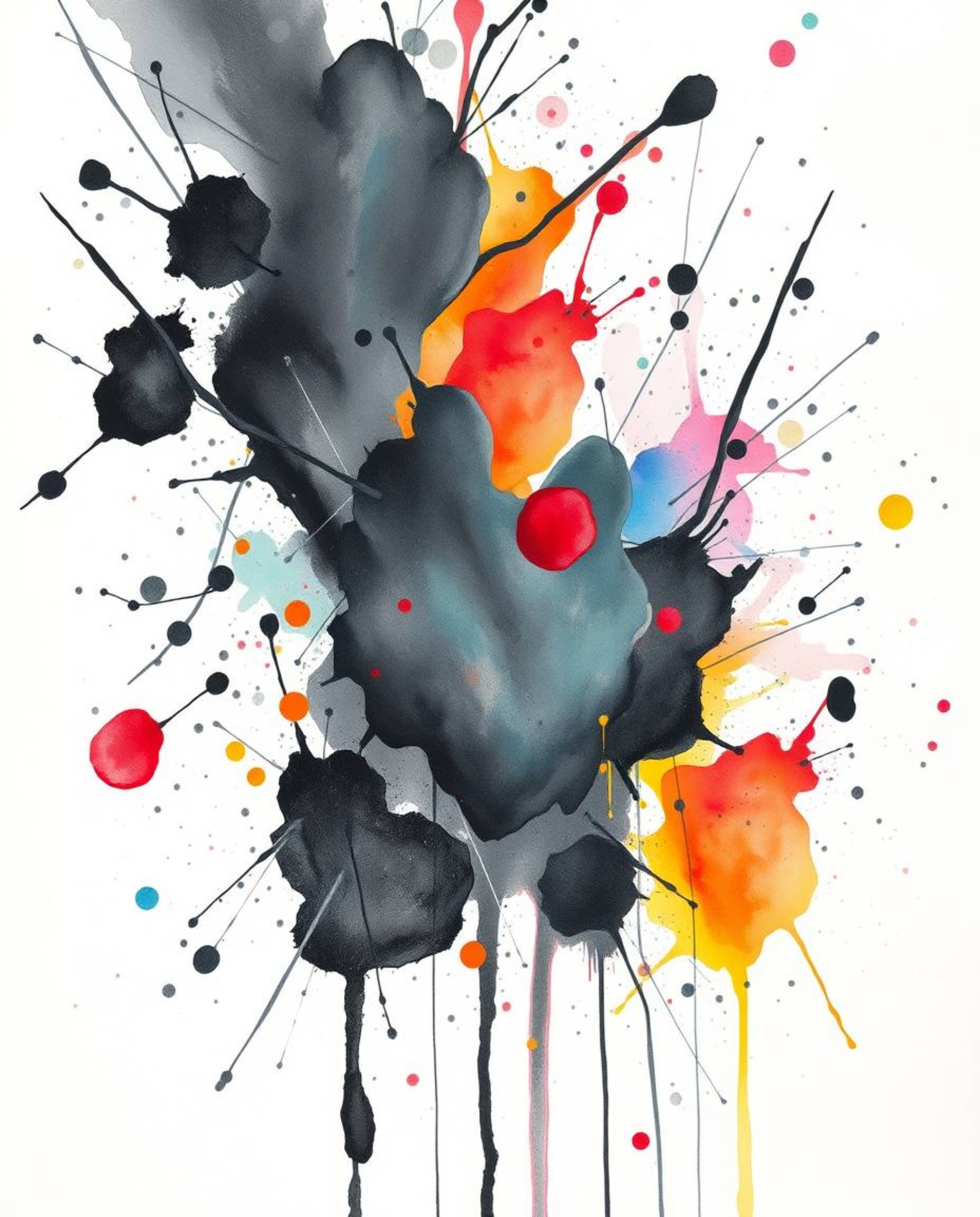 This is a hand-drawn sketch rendered in intense jet black, beautifully contrasted with colorful watercolor splashes boasting 