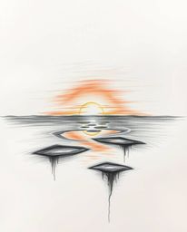 A hand-drawn sketch depicts a sunset sky mirrored in tidal pools on a beach, creating an eerie and creepy atmosphere. The art