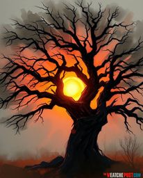 A dynamic digital sketch with loose painterly strokes captures a sunset behind an old oak tree with twisted branches. This pi