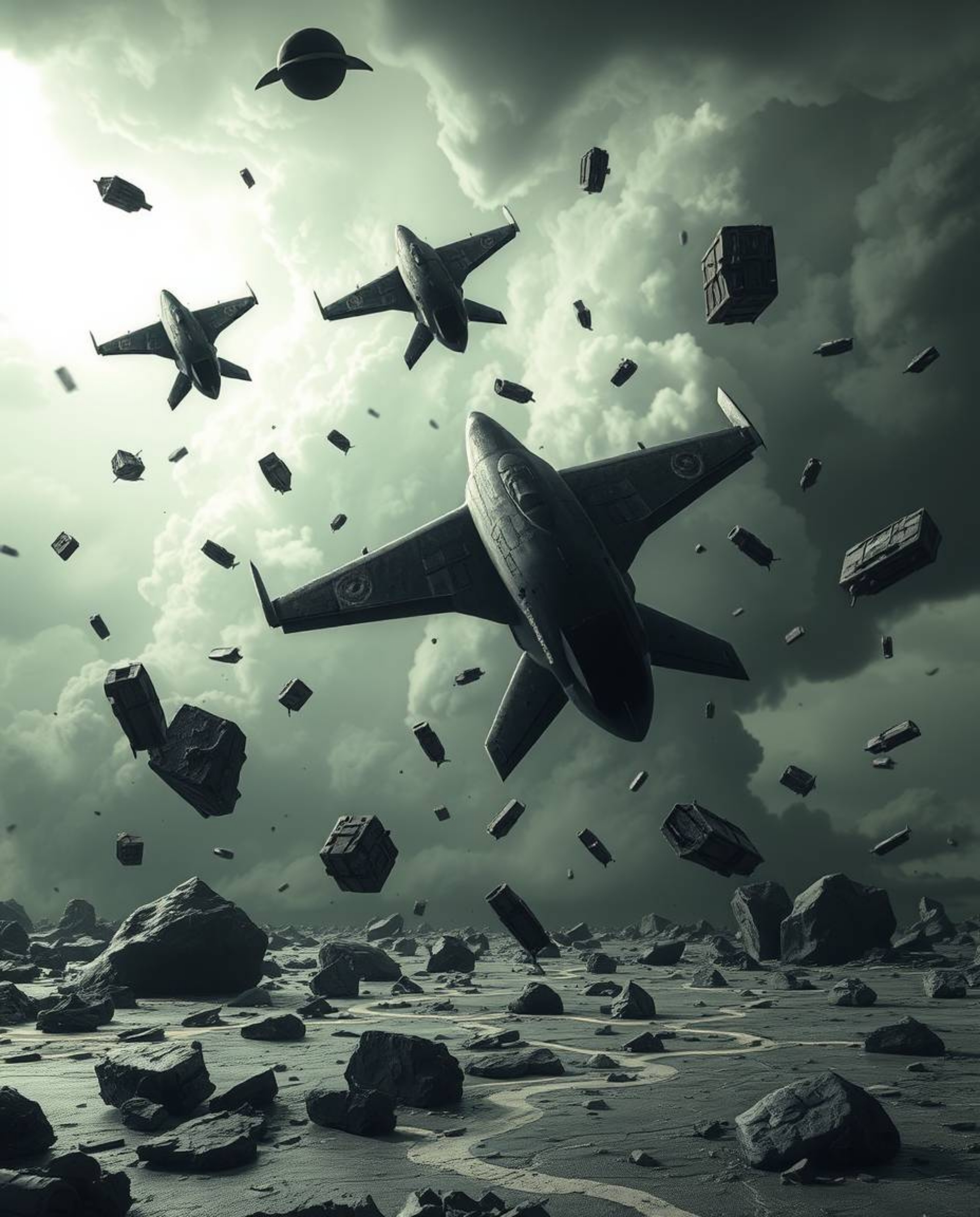 Experience a surreal storm filled with intense jet black flying objects defying broken gravity. This scene features deep shad
