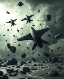 Experience a surreal storm filled with intense jet black flying objects defying broken gravity. This scene features deep shad