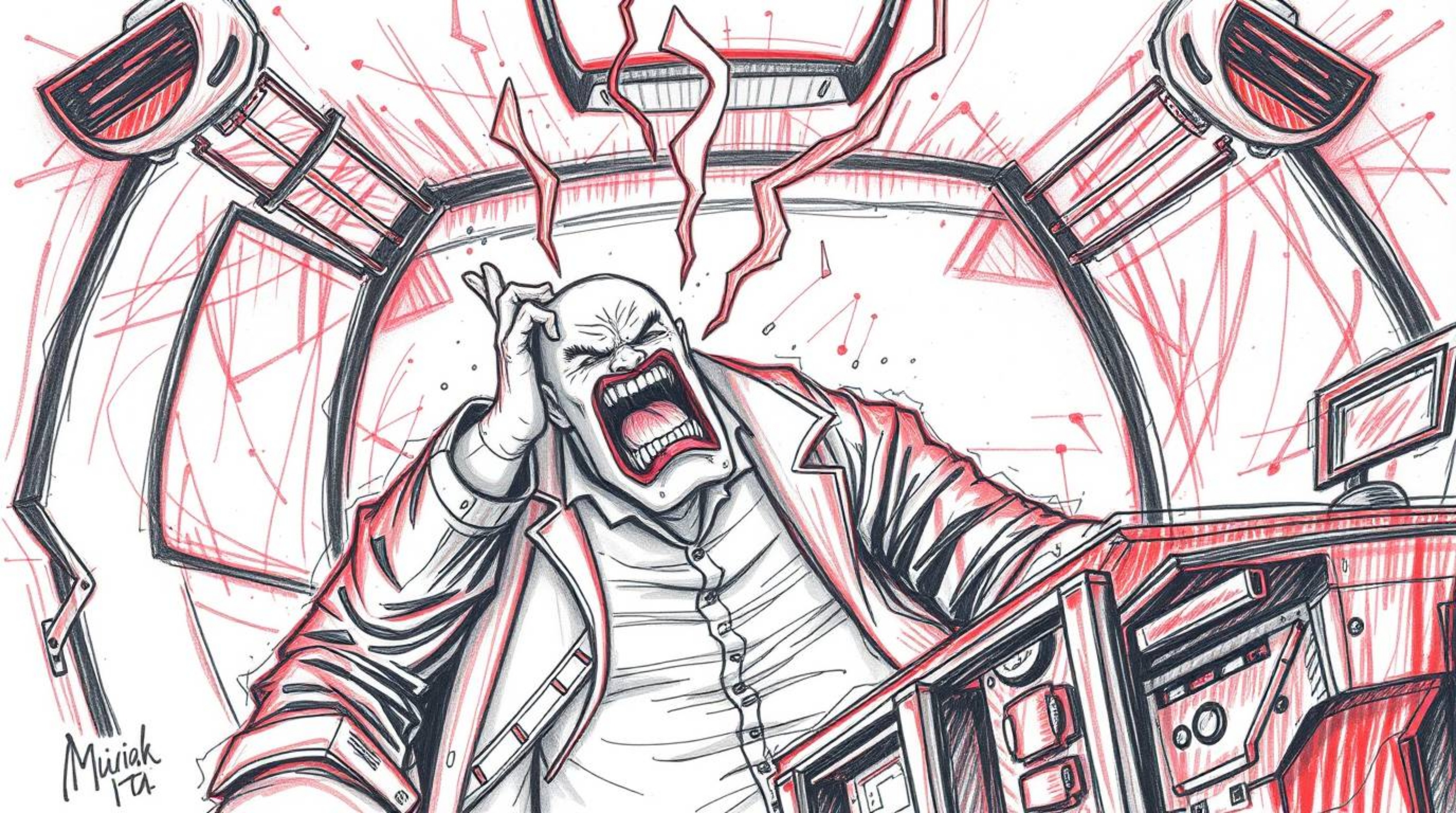 A hand-drawn sketch portrays a villain in a comedic breakdown within a stormy, high-tech lair, rendered in surreal infrared t