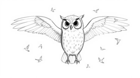 A charming hand-drawn sketch in the style of Pixar, features a blind owl with large, gentle wings, subtly rendered with textu