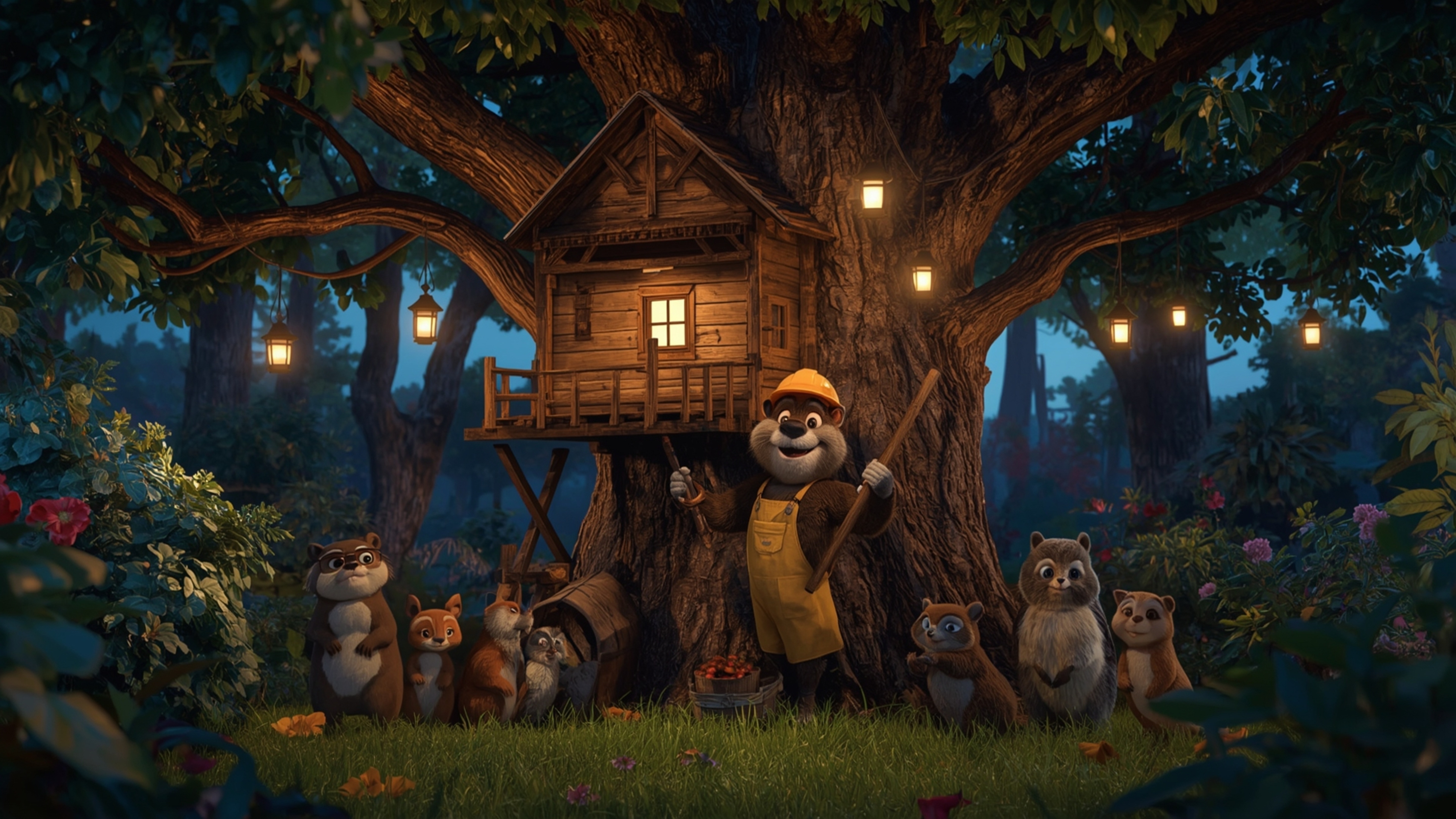 A high-resolution, warmly lit stock photo of a beaver with expressive, Pixar-esque features, wearing a tiny carpenter's apron