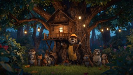 A high-resolution, warmly lit stock photo of a beaver with expressive, Pixar-esque features, wearing a tiny carpenter's apron