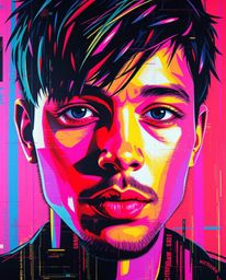 A stunning digital glitch art portrait rendered in a bold acrylic style.  Experience vibrant colors, a corrupted data aesthet