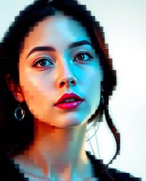 A stunning high-resolution digital glitch art portrait in a pixelated style, showcasing a captivating corrupted data aestheti