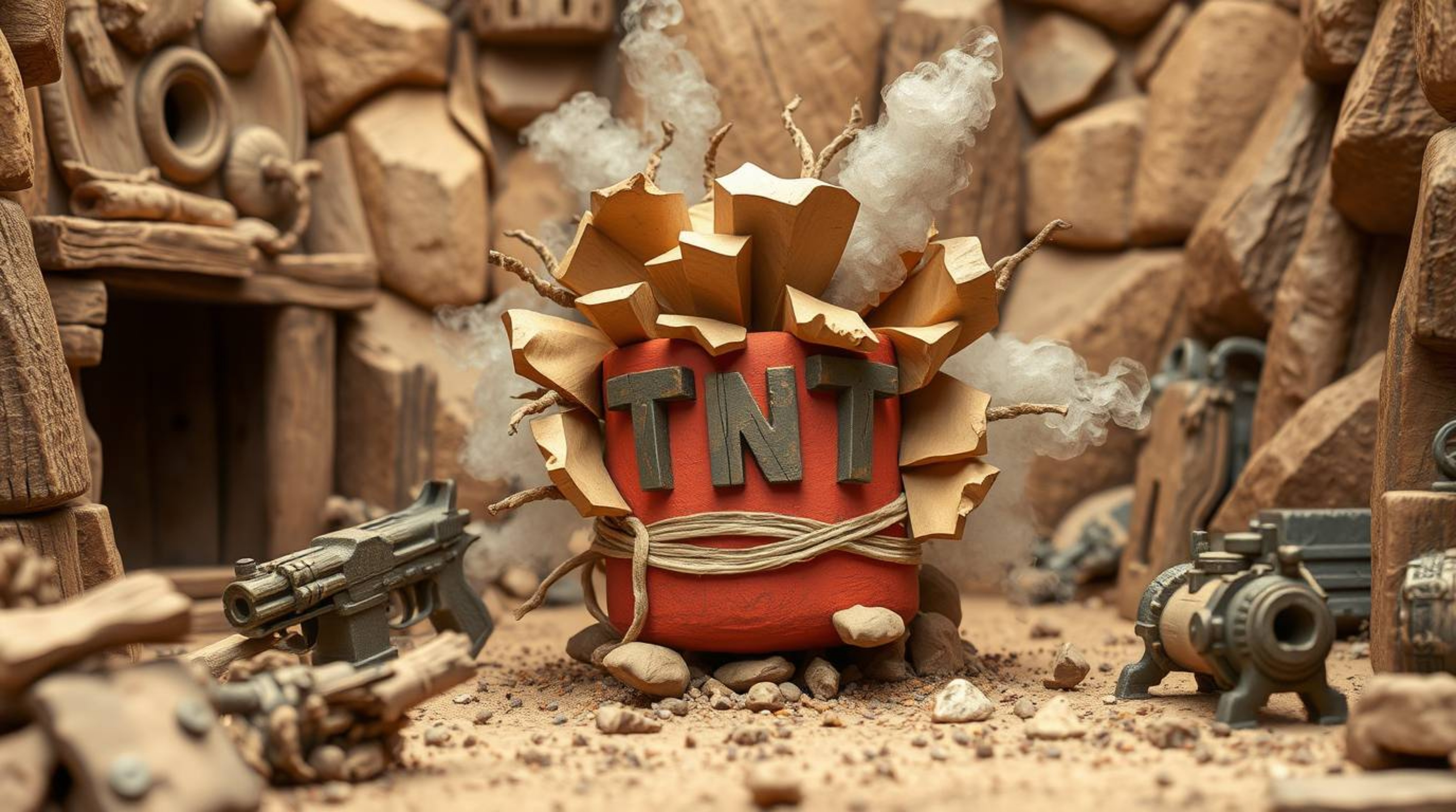 A classic exploding TNT gag set in the wild west, meticulously crafted from layered papier-mâché. The piece features natural 