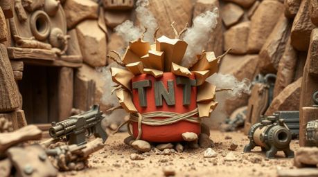 A classic exploding TNT gag set in the wild west, meticulously crafted from layered papier-mâché. The piece features natural 