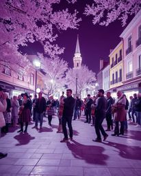 This surreal infrared photograph captures a vibrant musical number in a brightly lit town square.  The infrared spectral tone