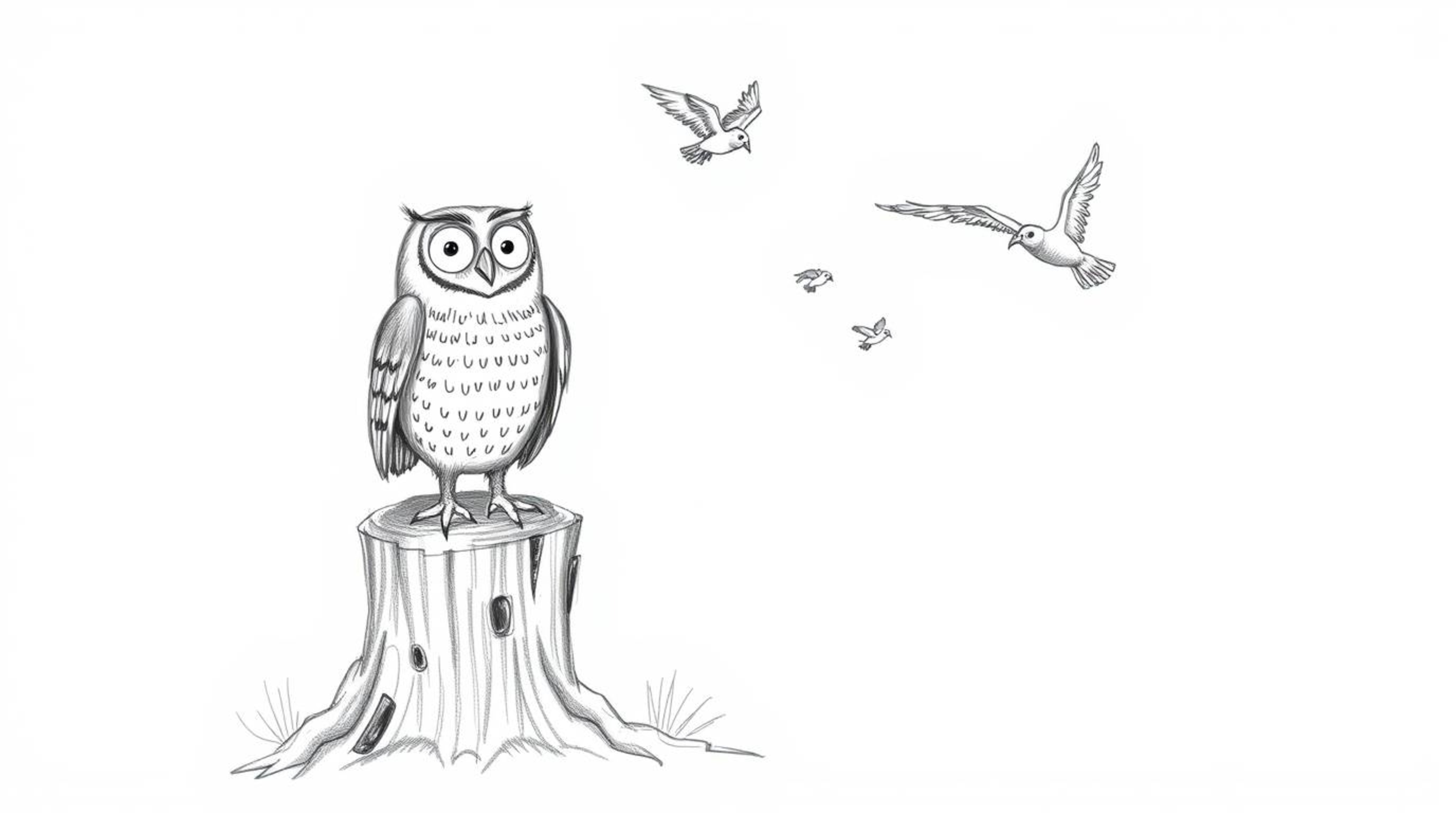 A heartwarming hand-drawn sketch depicts a blind owl, rendered in the style of Pixar animation, beaming with pride from a tre