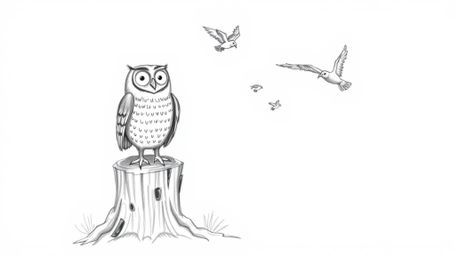 A heartwarming hand-drawn sketch depicts a blind owl, rendered in the style of Pixar animation, beaming with pride from a tre